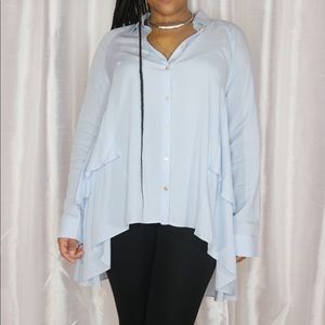 Blue Ruffled High-Low Work Blouse